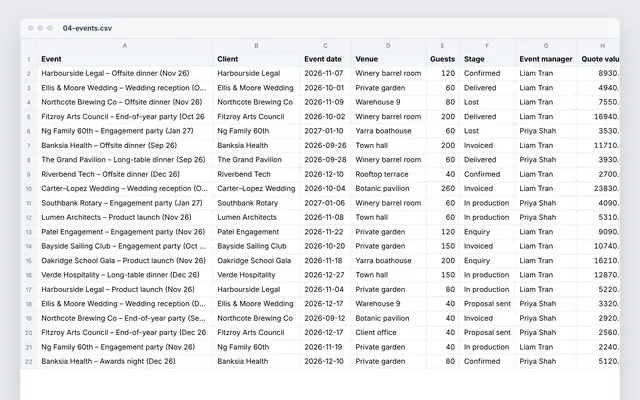 Airtable/Notion operations base for an events team: crop of the real file