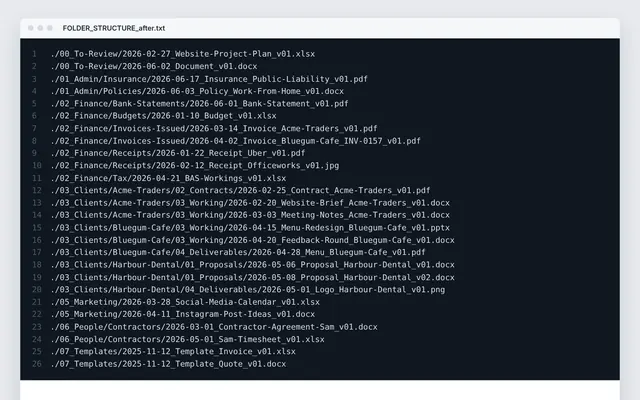 Shared drive reorganisation with a rename log: crop of the real file