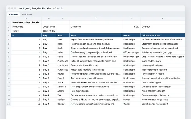 Month-end close checklist: crop of the real file