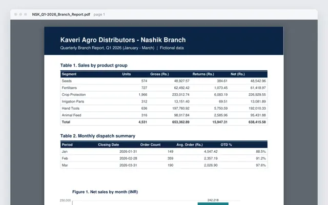 Branch report PDFs to Excel tables: crop of the real file