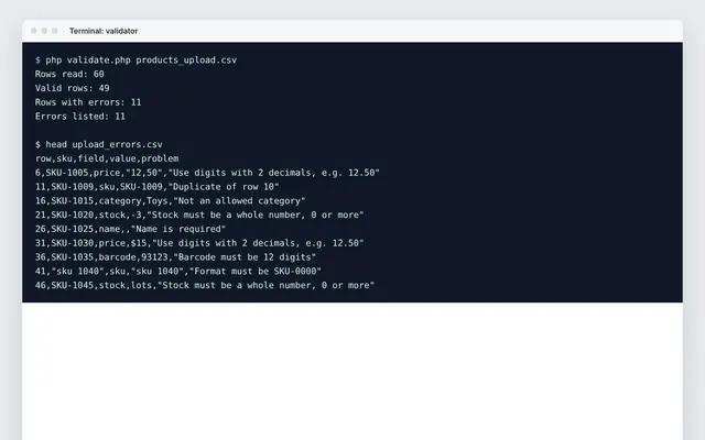 PHP: product CSV upload validator: crop of the real file