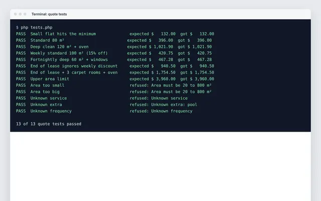 PHP quote calculator with tested pricing rules: crop of the real file