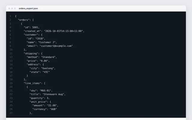 Python: nested order JSON to two tables: crop of the real file