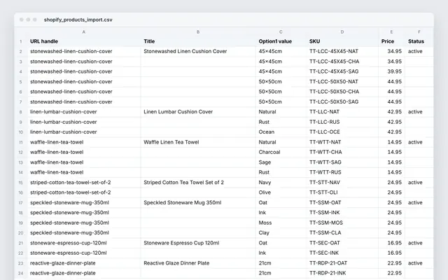 Supplier price list to a Shopify import file: crop of the real file