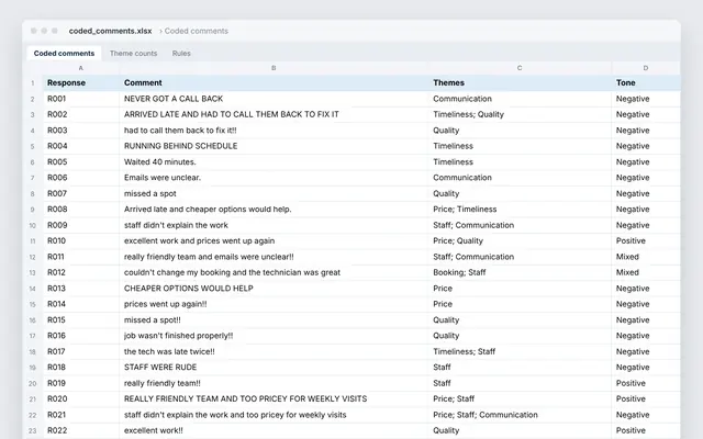 Survey comments coded into themes: crop of the real file