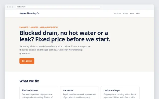 One-page site for a plumbing business: crop of the real file