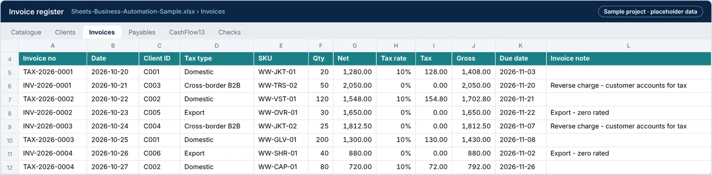 Invoices tab with automatic invoice numbers, tax by client type and due dates from payment terms