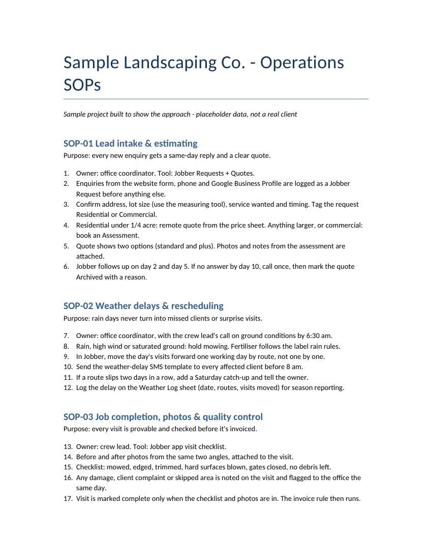 First page of the SOP pack for Sample Landscaping Co.