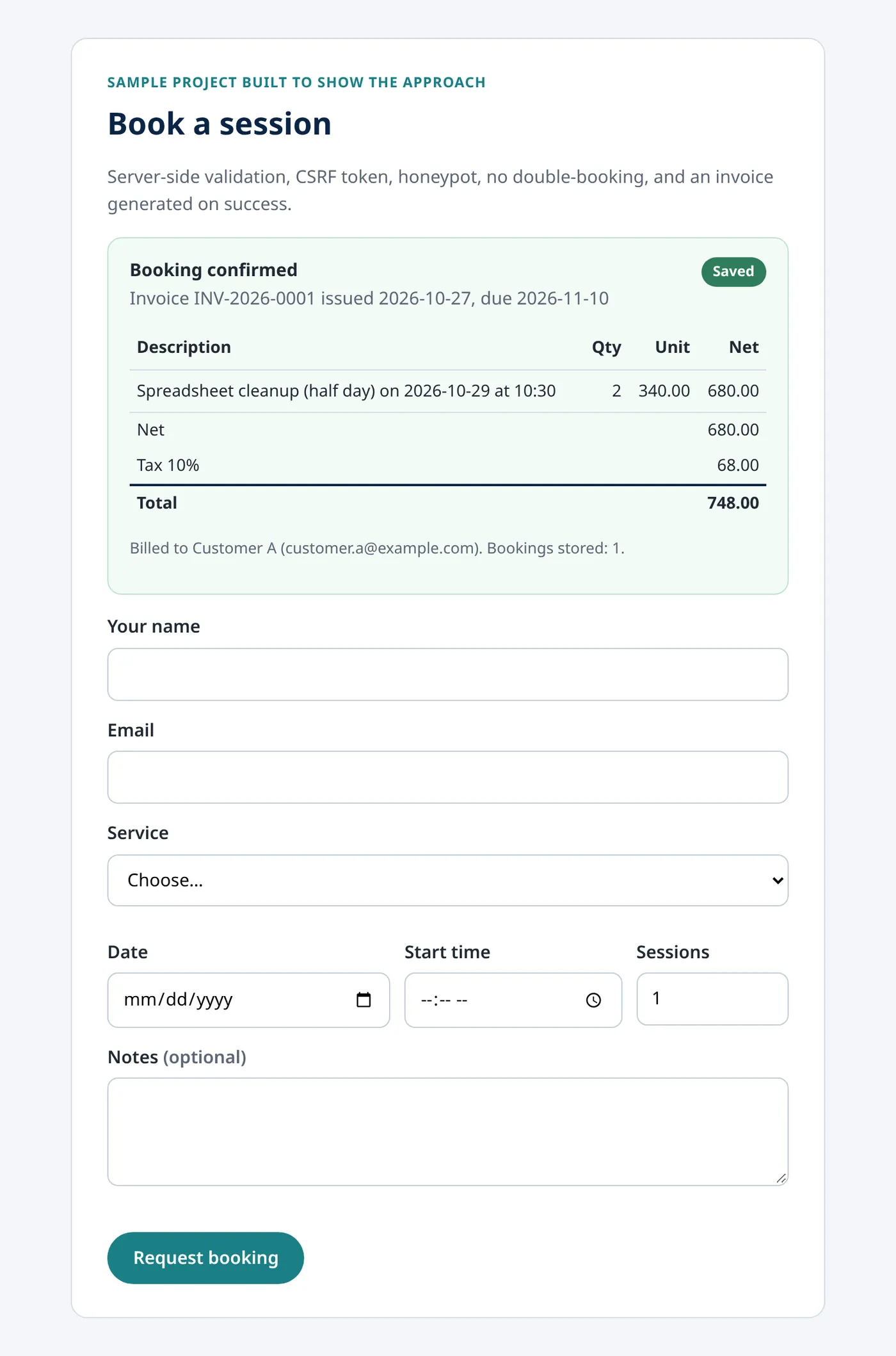 Booking confirmed with invoice INV-2026-0001: line, net, 10% tax and total calculated server-side