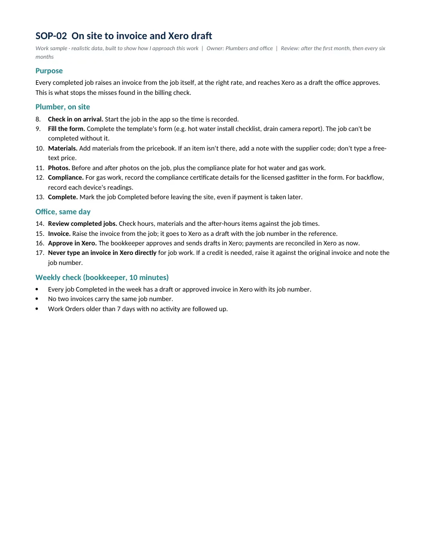 SOP-02: on site to invoice and Xero draft