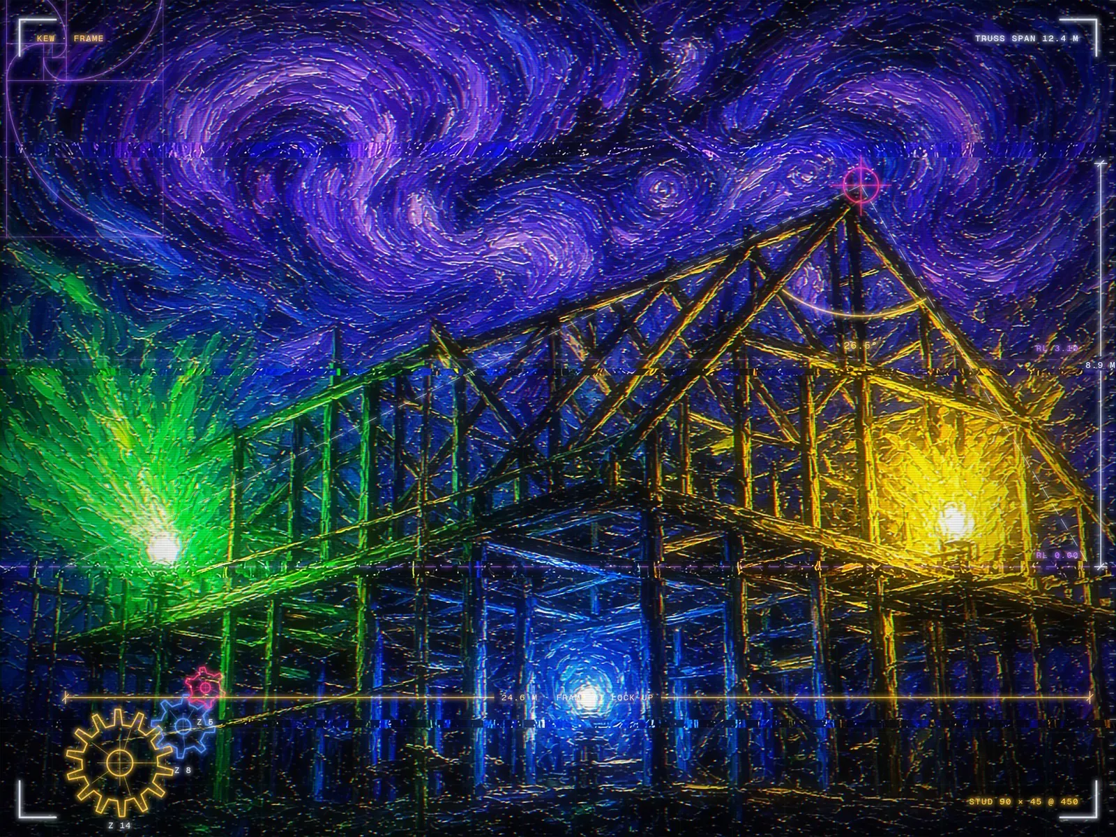Painted timber house frame under construction beneath a swirling night sky