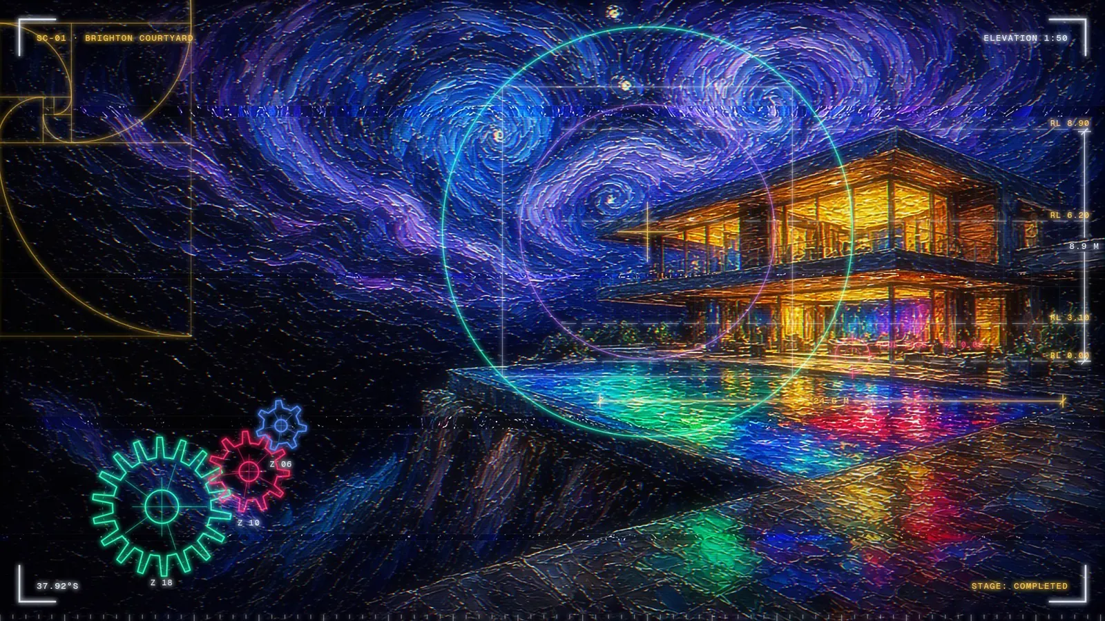 Painted stone and glass home at night with a lit pool and neon reflections